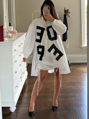 Oversized White Shirt Dress with Bold Black Lettering
